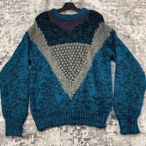 Vtg Sears Roebuck Men's M Hand Knit Chunky Geometric Sweater Blue 80s Academia